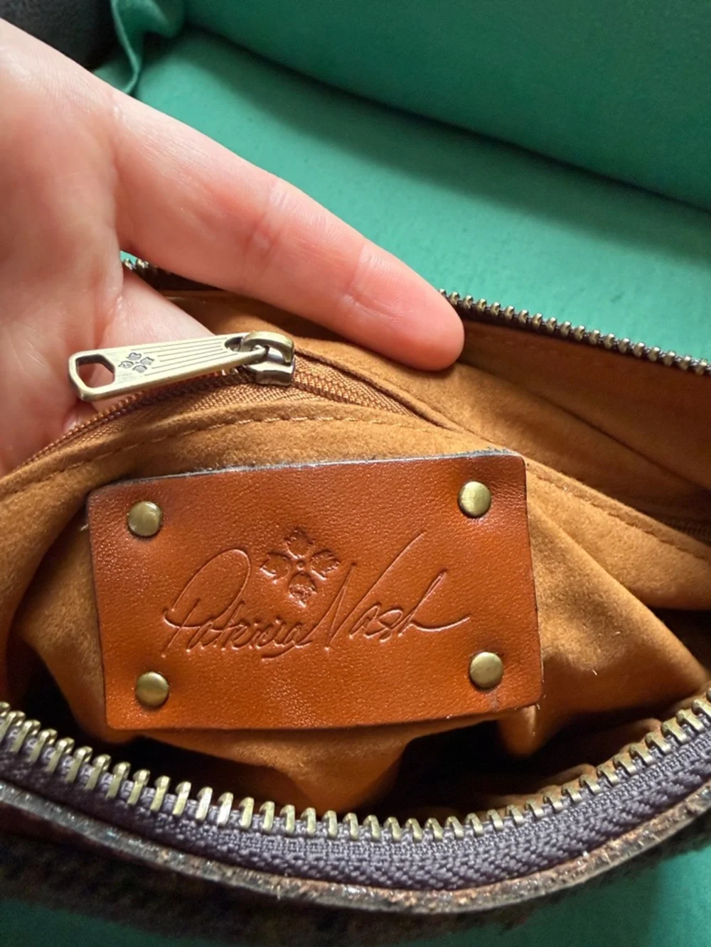 Patricia Nash Brown Plaid Wool & Chestnut Leather Messenger Bag